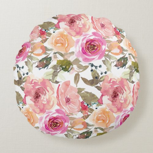 Watercolor Pretty Pink Floral Round Pillow