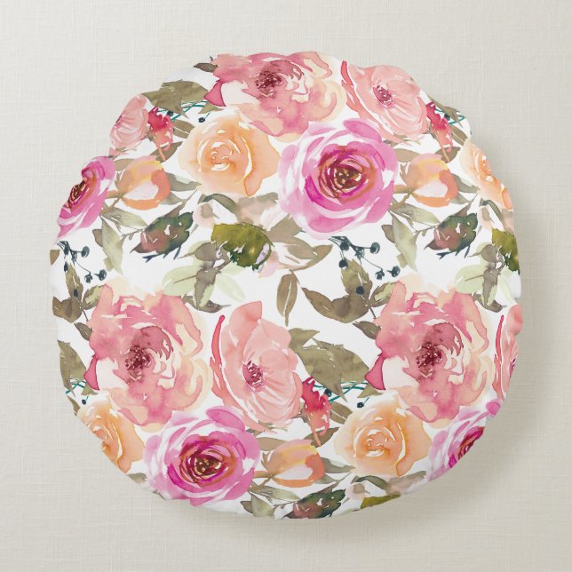 Watercolor Pretty Pink Floral Round Pillow (Front)