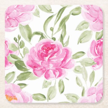 Watercolor Pretty Pink Peonies Pattern Square Paper Coaster by KeikoPrints at Zazzle