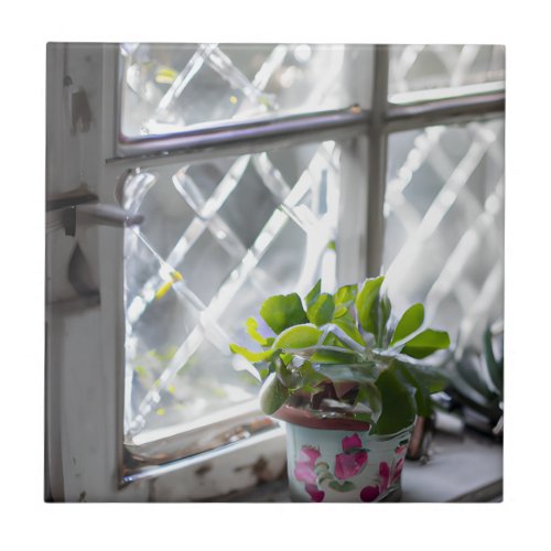 Watercolor Pretty Plant in the Window Ceramic Tile