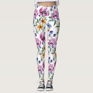 Watercolor Pretty Purple and Yellow Floral  Leggings