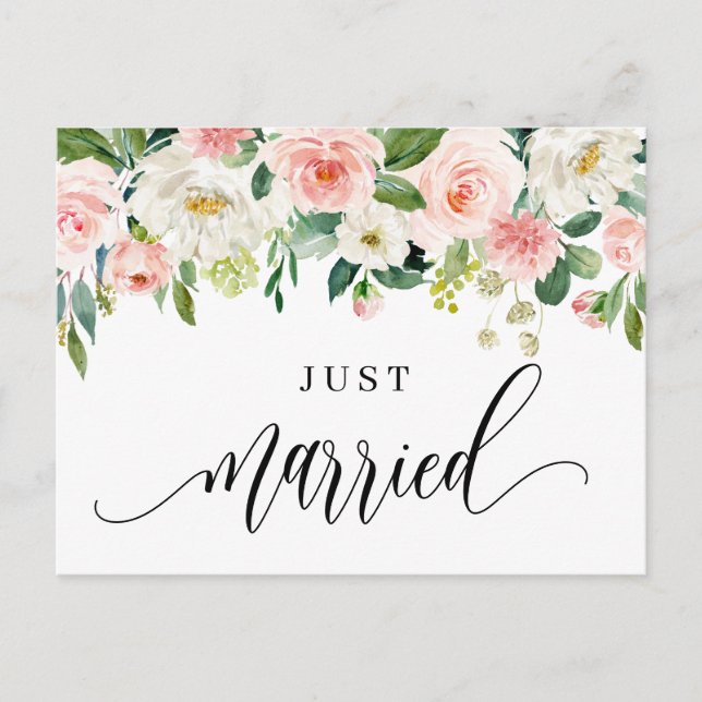 Watercolor Pretty Spring Flowers Just Married Announcement Postcard (Front)