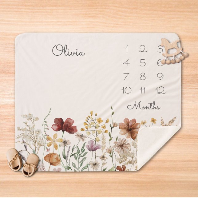 Watercolor Pretty  Wildflower Milestone Baby Sherpa Blanket (In situ)