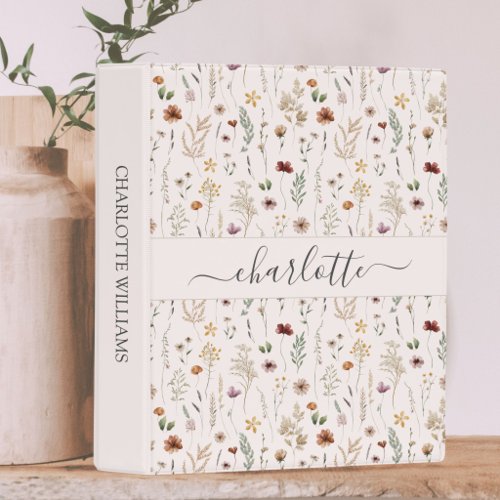 Watercolor Pretty Wildflowers Floral Pattern Mini Binder