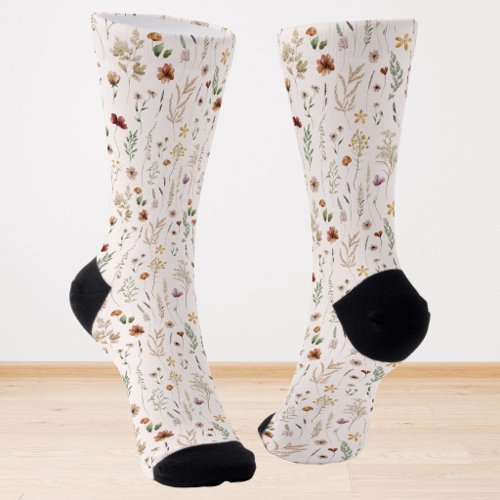 Watercolor Pretty Wildflowers Floral Pattern Socks