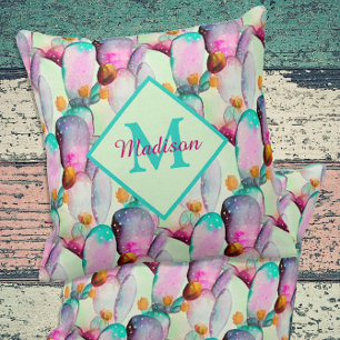 Watercolor Prickly Pear Cactus Flowers Monogram Throw Pillow