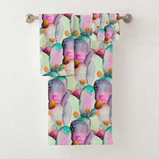 Watercolor Prickly Pear Cactus Flowers Pattern Bath Towel Set