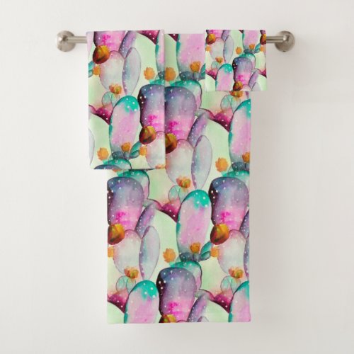 Watercolor Prickly Pear Cactus Flowers Pattern Bath Towel Set