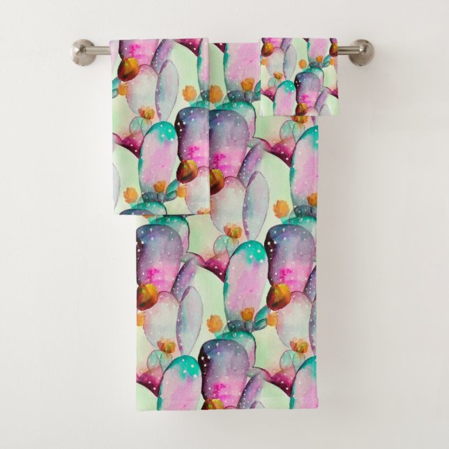 Watercolor Prickly Pear Cactus Flowers Pattern Bath Towel Set (Insitu)