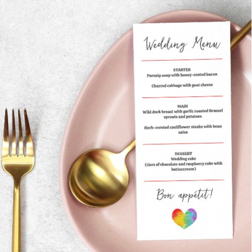 Watercolor Pride Heart Gay Lesbian Wedding Menu