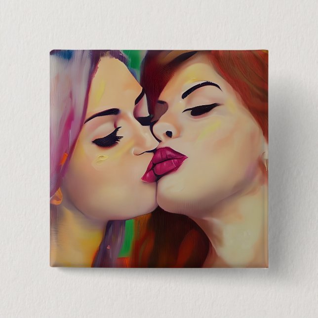  Watercolor Pride Two Women Share a Kiss Button (Front)
