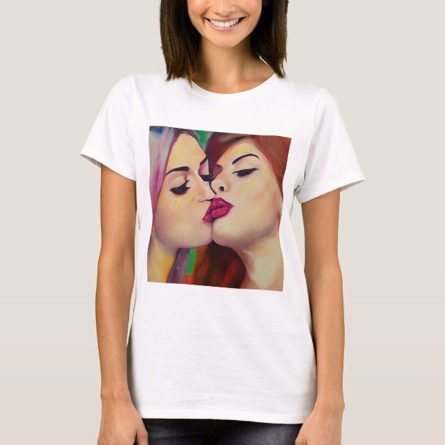  Watercolor Pride Two Women Share a Kiss T-Shirt (Front)