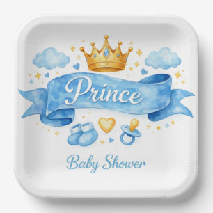 Watercolor Prince Boy Baby Shower Paper Plates