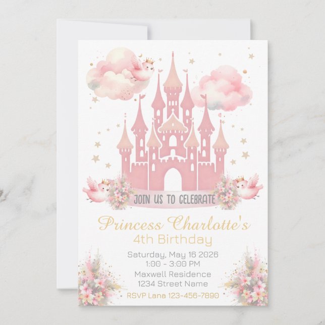 Watercolor Princess Castle Birthday Invitation (Front)