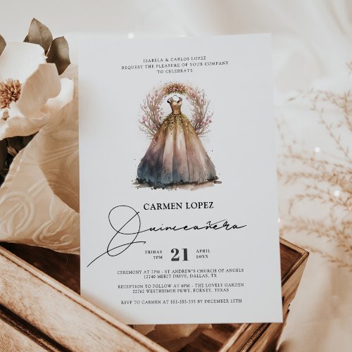Watercolor Princess Dress Elegant Quinceanera Invitation