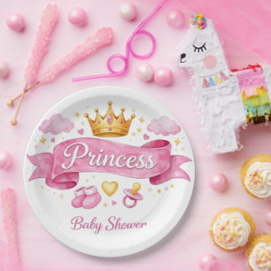 Watercolor Princess Pink Girl Baby Shower Paper Plates