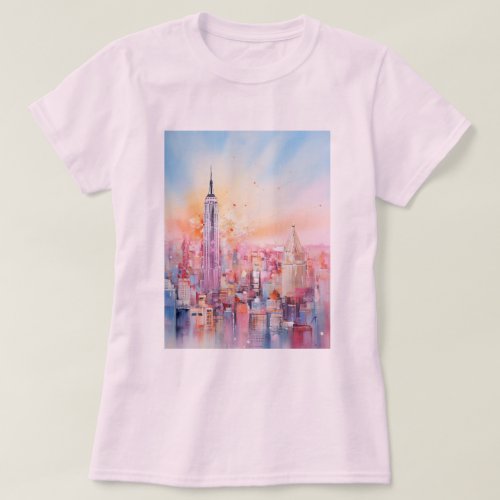 Watercolor Print New York city Blue Pink T_Shirt