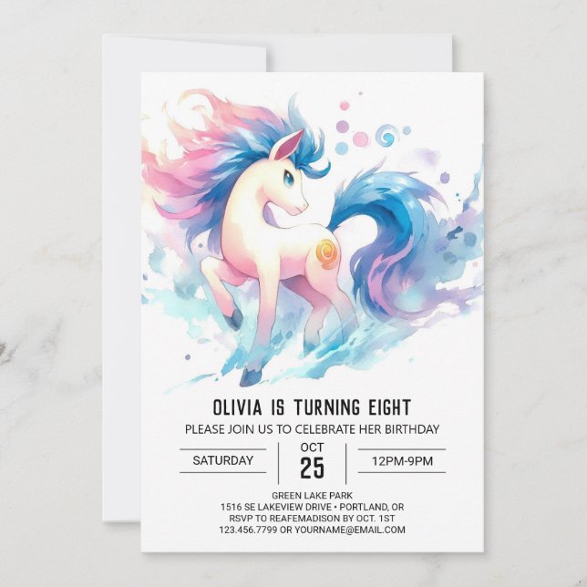 Watercolor Printable Horse Birthday Invitation (Front)