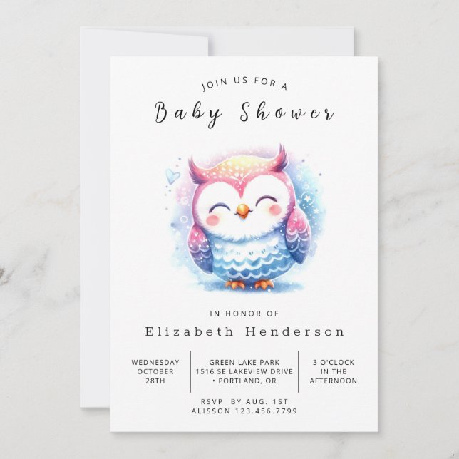 Watercolor Printable Owl Baby Shower Invitation (Front)
