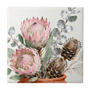 Watercolor Protea Eucalyptus Arrangement Ceramic Tile