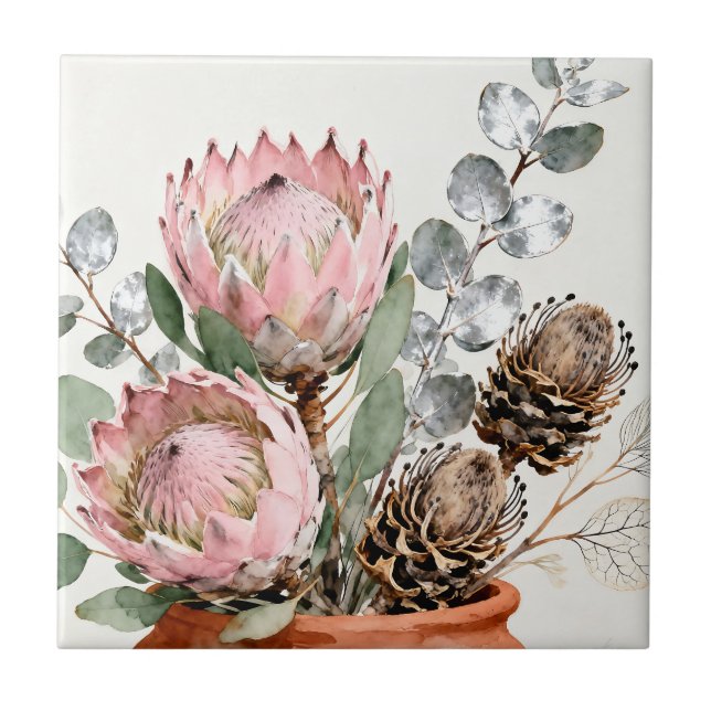 Watercolor Protea Eucalyptus Arrangement Ceramic Tile (Front)