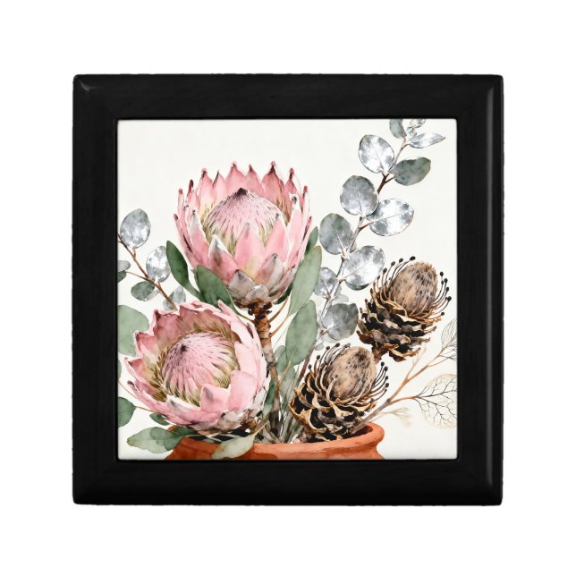 Watercolor Protea Eucalyptus Arrangement Gift Box (Front)