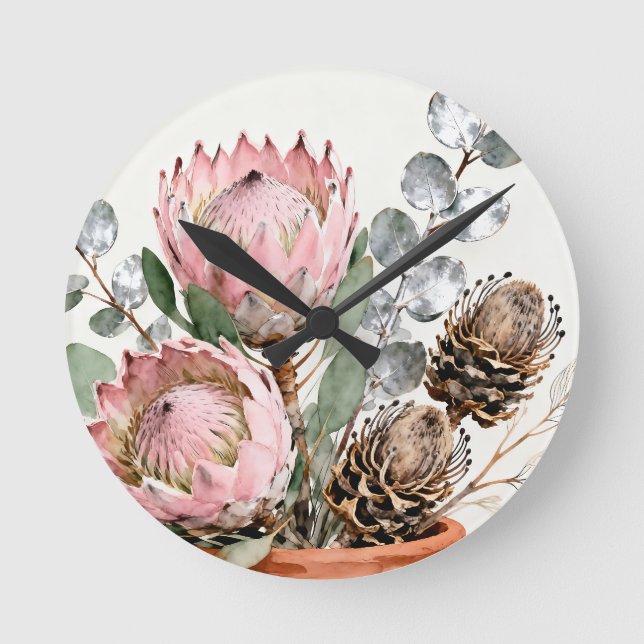 Watercolor Protea Eucalyptus Arrangement Round Clock (Front)