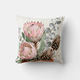 Watercolor Protea Eucalyptus Arrangement Throw Pillow
