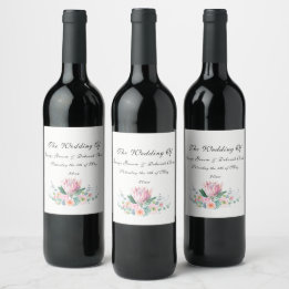 Watercolor Protea Wedding Wine Label