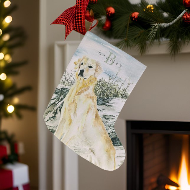 Watercolor Proud Golden Retriever Dog Monogram Large Christmas Stocking (Creator Uploaded)