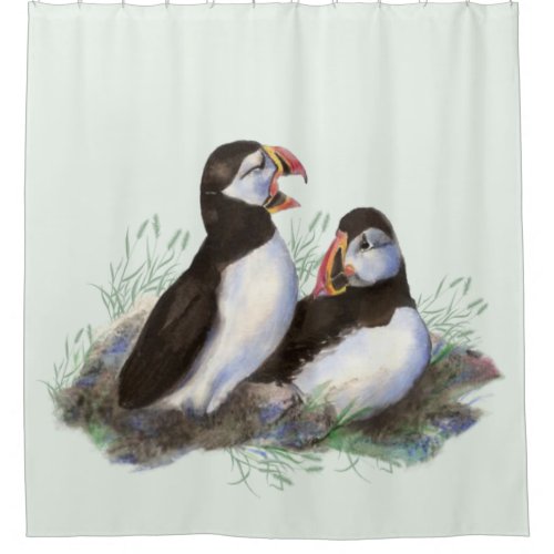 Watercolor Puffin Bird Family Light Green bkground Shower Curtain