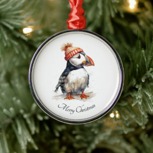 Watercolor Puffin Christmas Keepsake Metal Ornament