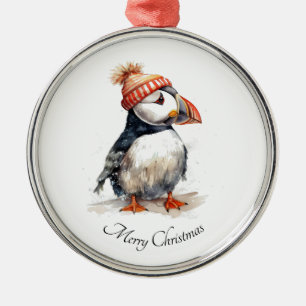Watercolor Puffin Christmas Keepsake   Metal Ornament
