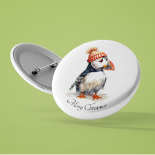 Watercolor Puffin Christmas Winter Accessory Button