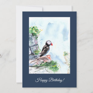 Watercolor Puffin customizable birthday card
