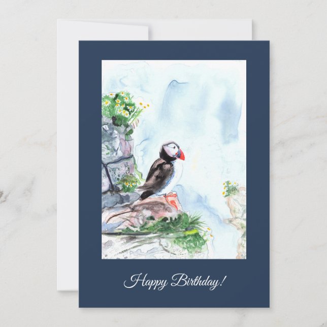 Watercolor Puffin customizable birthday card (Front)