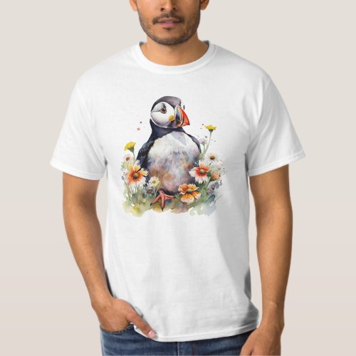 Watercolor Puffin in a Colorful Flower Field T_Shirt