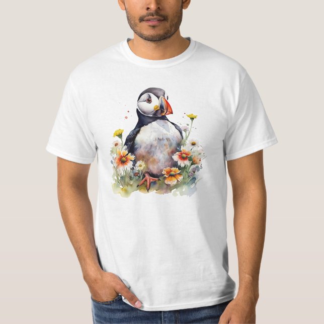 Watercolor Puffin in a Colorful Flower Field T-Shirt (Front)