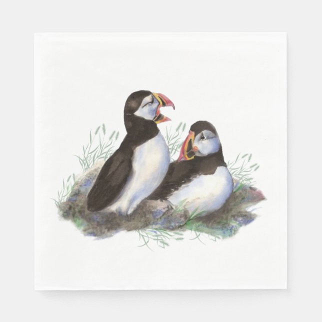 Watercolor Puffin Ocean Bird Family  Wildlife Paper Napkins (Front)