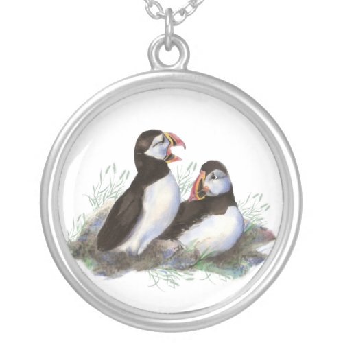 Watercolor Puffin Ocean Bird Family  Wildlife Silver Plated Necklace