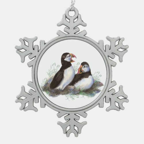 Watercolor Puffin Ocean Bird Family  Wildlife Snowflake Pewter Christmas Ornament