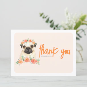 Watercolor Pug and Peach Flowers Birthday Party Thank You Card