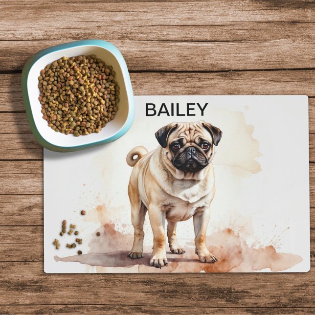 Watercolor Pug Custom Name Dog Food Mat (Creator Uploaded)