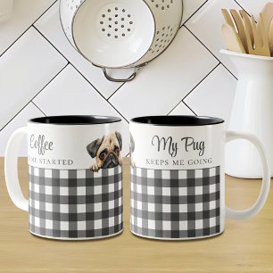 Watercolor Pug Dog Plaid Black White Custom Two-Tone Coffee Mug