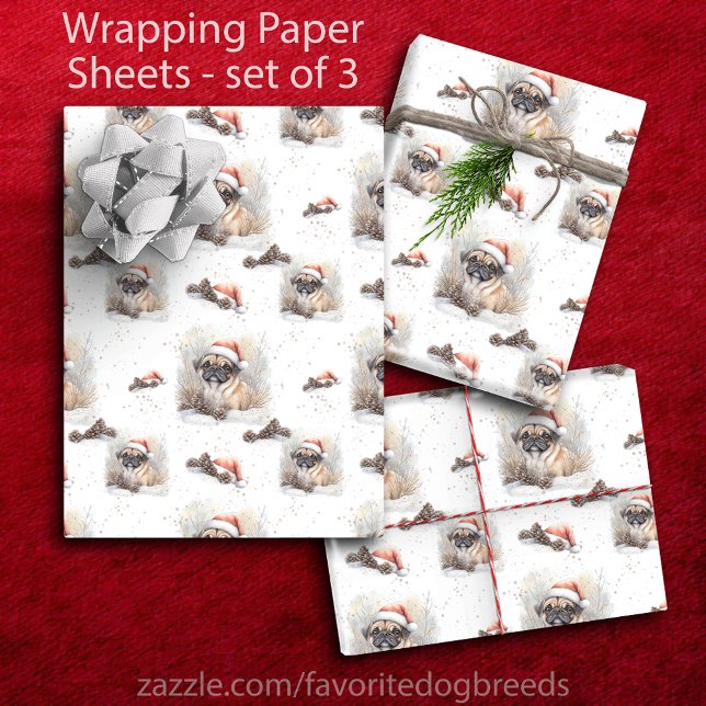 Watercolor Pug in Santa Hat Christmas Wrapping Paper Sheets (Watercolor Pug in Santa Hat Christmas Wrapping Paper Sheets - set of 3)