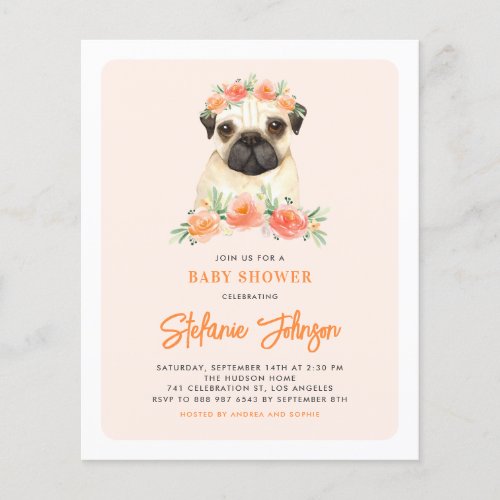 Watercolor Pug Peach Floral Baby Shower Invitation