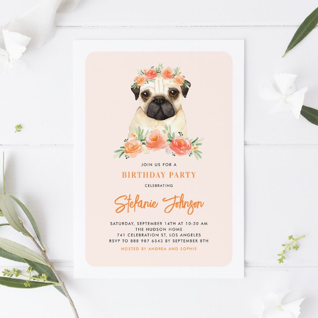 Watercolor Pug Peach Floral Birthday Invitation (Creator Uploaded)