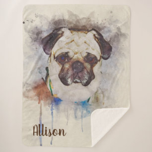 Watercolor Pug Sherpa Blanket