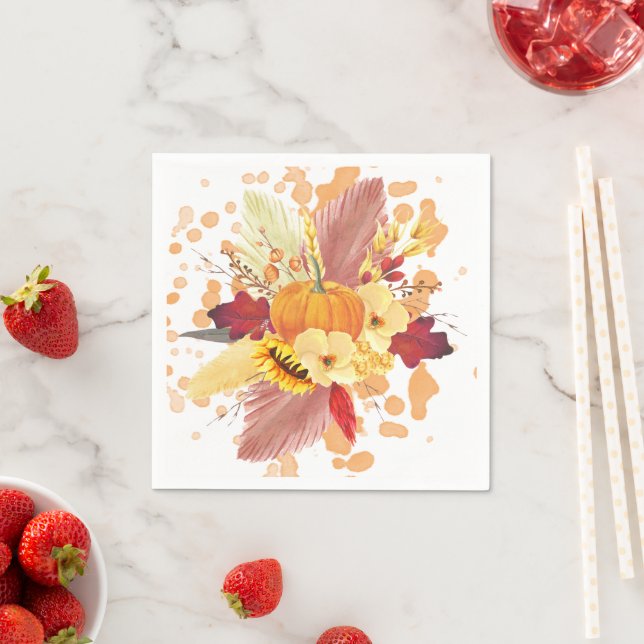 Watercolor Pumpkin and Floral Thanksgiving Napkins (Insitu)