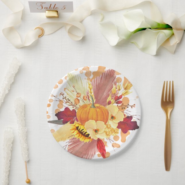 Watercolor Pumpkin and Floral Thanksgiving Paper Plates (Wedding)